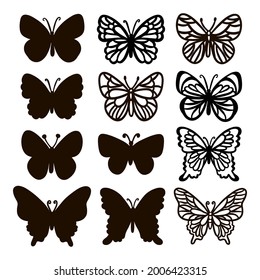 CUT BUTTERFLIES Monochrome Cute Insects On White Background Cartoon Hand Drawn Sketch For Print And Cutting Natural Lepidopterology Vector Illustration Collection