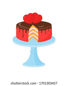 The cut cake on the stand is decorated with chocolate icing and hearts. Element for creating a design for Valentine's day, can be used on postcards, invitations, flyers, posters, advertising, vector