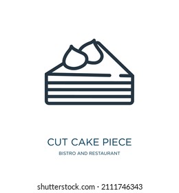 cut cake piece thin line icon. slice, tasty linear icons from bistro and restaurant concept isolated outline sign. Vector illustration symbol element for web design and apps.