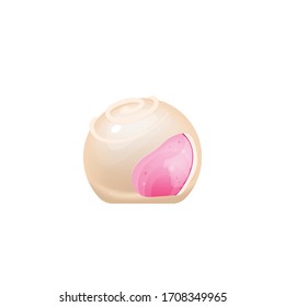Cut candy in white chocolate realistic vector illustration. Sweet dessert, sugar glazed confectionery. Pink lolly, delicious caramel, jelly snack 3d isolated object on white background