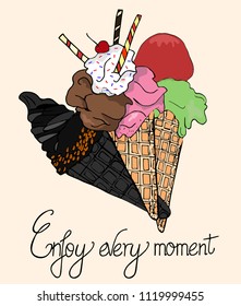 Cut card with a picture of delicious and mouth-watering ice cream. Enjoy every moment. Pastel background.Text hand drawn. Vector collection