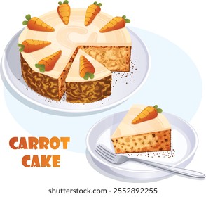 Cut Carrot Cake with Cream Cheese Frosting and Marzipan Carrots Toppings. One Slice on Separate Plate with Fork. European Celebratory Pastry 