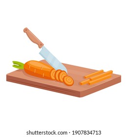 Cut carrot to cook healthy food isometric vector illustration. Cartoon 3d kitchen knife cutting raw carrot slices on wooden board, cooking fresh vegetable salad or vegetarian dish isolated on white