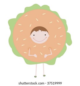 Cut cartoon boy is dressed in a suit of the big hamburger