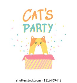 Cut Cartoon Cat. Party 
Greeting Card. 
Stock Vector Illustration. Lettering. 