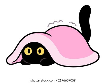 Cut cartoon scared cat hiding under blanket. Funny black kitten drawing, vector clip art illustration.