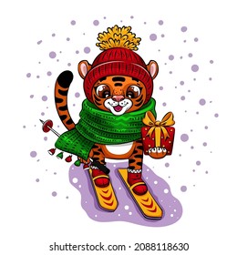 Cut Cartoon Tiger in knitted hat is skiing