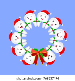 Cut cartoon tooth character design in circle shape. Christmas decoration. Merry Christmas and Happy New Year.  Illustration for banner, poster, greeting card and invitation.