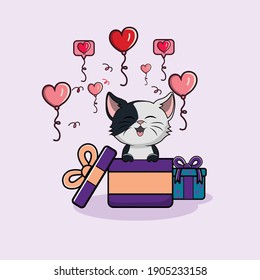Cut cat happy with valentines day gift background design illustration