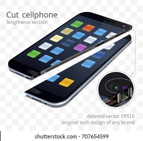 Cut cellphone. Vector 3d realistic cross section of mobile phone. Split electronic details and inside of a battery based on a real devices. Original design of a fictitious any brand. Isolated object.