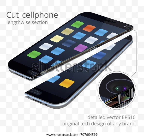 Cut cellphone. Vector 3d realistic cross section\
of mobile phone. Split electronic details and inside of a battery\
based on a real devices. Original design of a fictitious any brand.\
Isolated object.