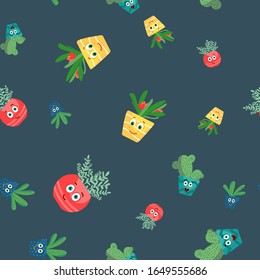 Cut Character Flowers Cactus In Pots With Face Seamless Pattern On Blue Background. Simple Cartoon Plant Vector Illustration. Flat Drawing Style. Design For Fabric, Decor.