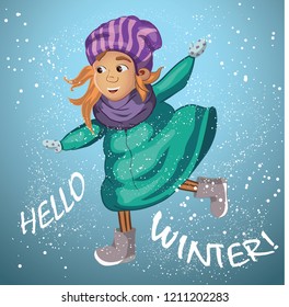 A cut character in hat hello winter handwritten lettering. Cartoon illustration, vector art.