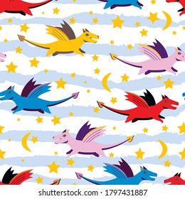 cut characters dragons on the stary sky vector seamless pattern isolated on white background. Concept for wallpaper, clothing, textile
