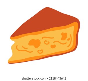 Cut cheese piece. Cut into triangles and slices of delicious cheese. Triangular piece of fresh yellow cheese in cartoon flat style. Vector illustration of dairy farm product. Icon.