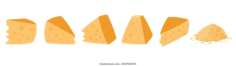 Corta las rodajas de queso en diferentes rotaciones. Queso rallado, pajitas, rebanada de triángulo. Sabroso ingrediente lácteo italiano, griego, cocina francesa. Conjunto de Vector decente