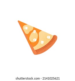 Cut cheesy pizza piece. Italian food, triangle slice with feta, mozzarella, cheddar cheese and thick crust. Tasty vegetarian snack from Italy. Flat vector illustration isolated on white background