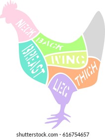 Cut of chicken colorful meat set. Neck, back, wing, breast, leg, thigh.