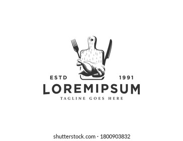 Cut chicken kitchen logo design inspiration. Vector illustration of cutting board with knife and fork