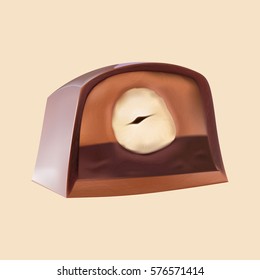 Cut chocolate candy with hazelnut. Vector photorealistic 3d illustration.
