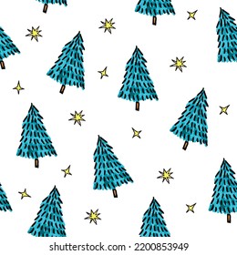 Schneide das nahtlose Weihnachtsmuster mit blauen Tannenbäumen und gelben Sternen. Weihnachten einfache Textur. Weihnachtsmuster. Weihnachtsbäume. Schleifpapier.