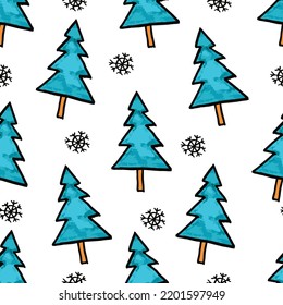 Cut Christmas seamless pattern with blue fir trees and snowflakes. Xmas simple texture. Christmas pattern. Christmas trees. Wrapping paper.
