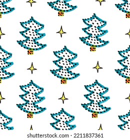 Schneide das nahtlose Weihnachtsmuster mit blauen Tannenbäumen und gelben Sternen. Weihnachten einfache Textur. Weihnachtsmuster. Weihnachtsbäume. Schleifpapier.