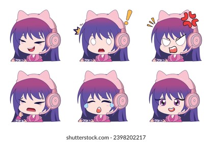 Cut Chubby Gamer Girl character Emotes Set Reactions vector illustration design for live streaming 