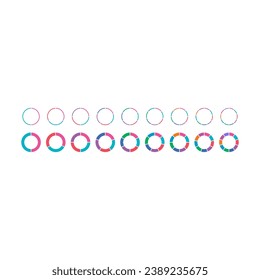 cut circles set. dashed colored circles. two, three, four, five, six, seven, eight, nine sliced circles