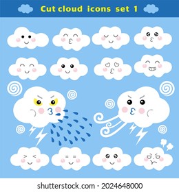 Cut cloud set , Weather emoticon flat icon set