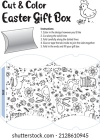 Cut and Color Easter Gift Box: A fun and easy Easter activity. Color, fold and cut the template to make a lovely holiday gift box that can be filled with treats and goodies. Vector graphics.