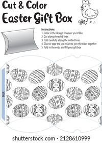 Cut and Color Easter Gift Box: A fun and easy Easter activity. Color, fold and cut the template to make a lovely holiday gift box that can be filled with treats and goodies. Vector graphics.