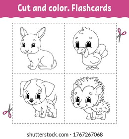 Cut and color. Flashcard Set. Coloring book for kids. Cartoon character.
