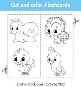 Schneiden und Farbe. Kartensatz. Farbbuch für Kinder. Cartoon-Charakter.