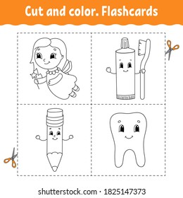 Cut and color. Flashcard Set. Coloring book for kids. Cartoon character.