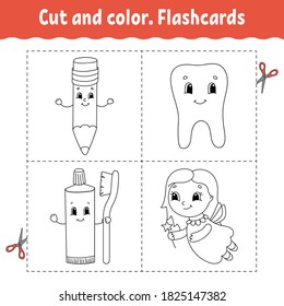 Cut and color. Flashcard Set. Coloring book for kids. Cartoon character.