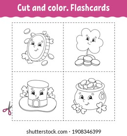 Cut and color. Flashcard Set. Coloring book for kids. Cute cartoon character. Black contour silhouette. St. Patrick's day. Isolated on white background.