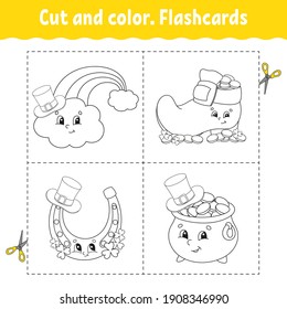 Cut and color. Flashcard Set. Coloring book for kids. Cute cartoon character. Black contour silhouette. St. Patrick's day. Isolated on white background.