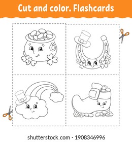 Cut and color. Flashcard Set. Coloring book for kids. Cute cartoon character. Black contour silhouette. St. Patrick's day. Isolated on white background.