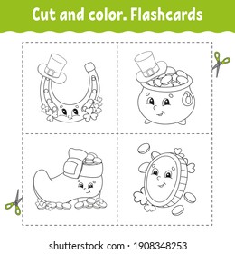 Cut and color. Flashcard Set. Coloring book for kids. Cute cartoon character. Black contour silhouette. St. Patrick's day. Isolated on white background.