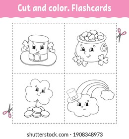 Cut and color. Flashcard Set. Coloring book for kids. Cute cartoon character. Black contour silhouette. St. Patrick's day. Isolated on white background.