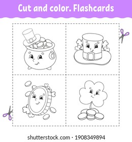 Cut and color. Flashcard Set. Coloring book for kids. Cute cartoon character. Black contour silhouette. St. Patrick's day. Isolated on white background.