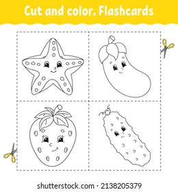 Cut and color. Flashcard Set. Coloring book for kids. Food theme. Cute cartoon character. Black contour silhouette. Isolated on white background.