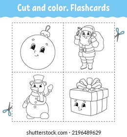 Cut and color. Flashcard Set. Coloring book for kids. Cute cartoon character. Black contour silhouette. Christmas theme. Isolated on white background.
