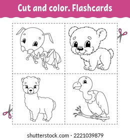 Cut and color. Flashcard Set. Coloring book for kids. Cute cartoon character. Black contour silhouette. Isolated on white background. Vector illustration.