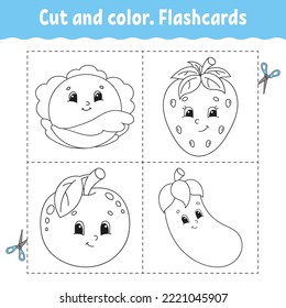 Cortar y colorear. Juego de tarjetas de presentación. Libro de colorear para niños. Tema de la comida. Personaje de dibujos animados. Silueta de contorno negro. Aislado sobre fondo blanco.