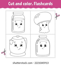 Schneiden und Farbe. Kartensatz. Farbbuch für Kinder. Cute Cartoon Charakter. Schwarze Kontur-Silhouette. Einzeln auf weißem Hintergrund.