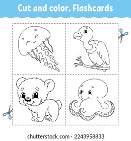 Cut and color. Flashcard Set. Coloring book for kids. Cute cartoon character. Black contour silhouette. Isolated on white background. Vector illustration.