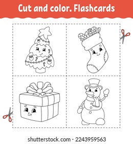 Cortar y colorear. Juego de tarjetas de presentación. Libro de colorear para niños. Personaje de dibujos animados. Silueta de contorno negro. Tema de Navidad. Aislado sobre fondo blanco.