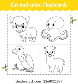 Cut and color. Flashcard Set. Coloring book for kids. Cute cartoon character. Black contour silhouette. Isolated on white background. Vector illustration.